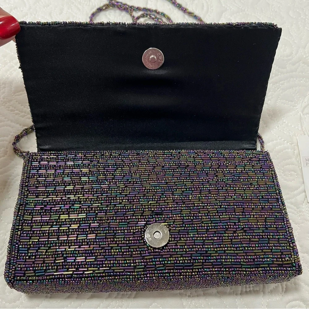 VTG Black Iridescent Beaded Evening Bag Clutch/Crossbody Purse 90s multi color